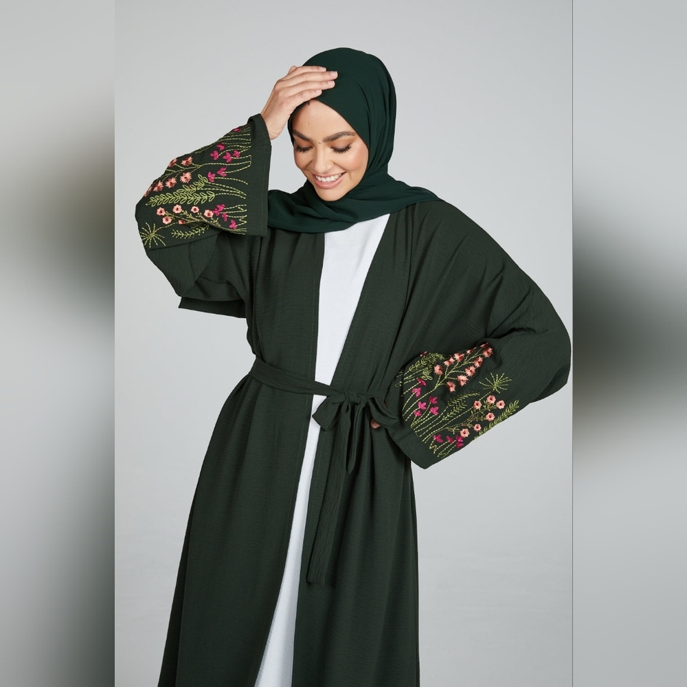 Blooming Embroidered Four Piece Open Abaya Set - Forest Green